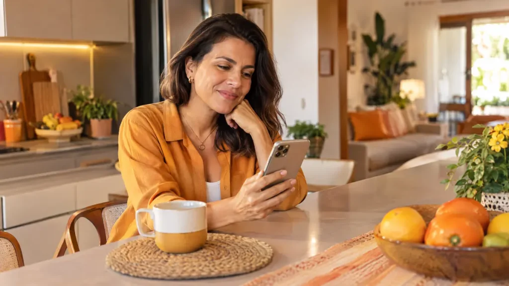 Hora do Lar é confiável: Mulher em casa, sentada à mesa com caneca e celular, em um ambiente aconchegante com frutas sobre a bancada; destaque para o momento de uso do smartphone.