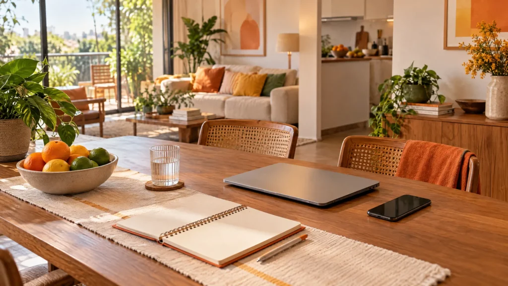 plataforma hora do lar para gestão: Ambiente de sala de estar com mesa de jantar decorada, notebook e celular sobre a madeira, frutas em uma tigela e plantas, com luz natural e vista para o jardim.