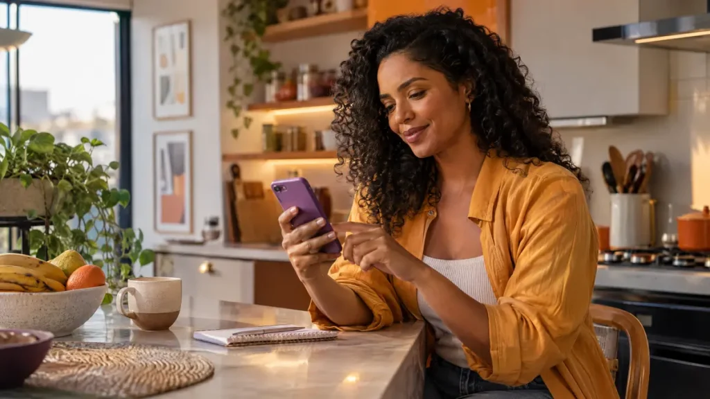 Mulher em uma cozinha moderna usando smartphone com expressão sorridente, enquanto anota informações em um tablet na mesa, destacando a Importância da tecnologia no dia a dia.