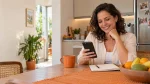 por que contratar o hora do lar: Mulher sorridente em casa, usando o celular na mesa da cozinha, com frutas ao lado e caderno aberto, cenário que transmite praticidade doméstica