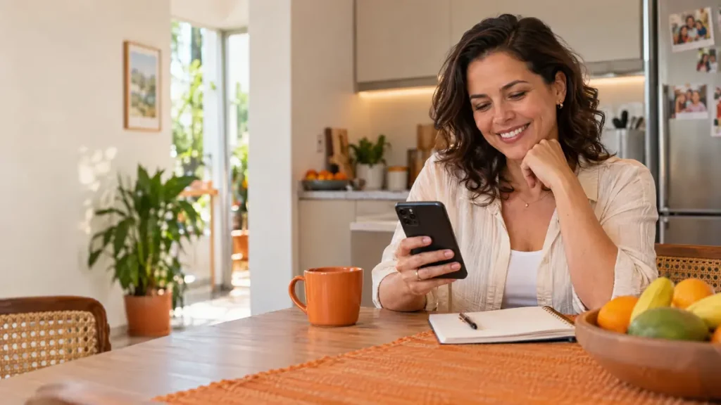por que contratar o hora do lar: Mulher sorridente em casa, usando o celular na mesa da cozinha, com frutas ao lado e caderno aberto, cenário que transmite praticidade doméstica