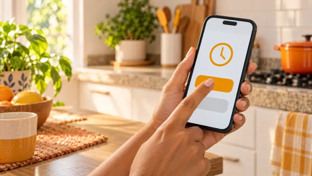 Pessoa usando celular com ícone de relógio na tela em uma cozinha organizada, sugerindo controle de jornada. Ponto Eletrônico para Empregado Doméstico.