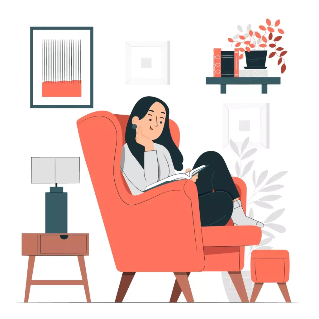 Ilustração de uma mulher descansando em uma cadeira confortável em casa, representando o intervalo interjornada no emprego doméstico, com cenário decorado e ambiente tranquilo.