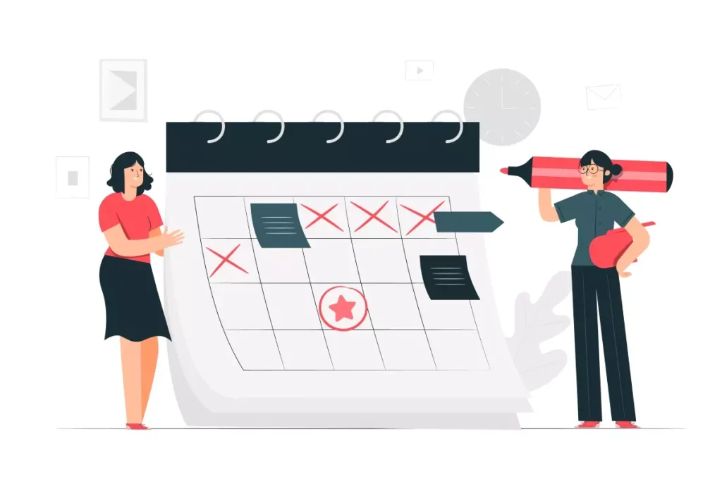 Ilustração de um calendário destacando a importância de verificar a data de vencimento do eSocial Doméstico, com duas pessoas interagindo com o calendário.