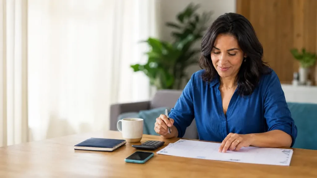 Mulher em casa usando calculadora e computador em uma mesa com documentos, calculando calcular férias no hora do lar enquanto organiza pagamentos e contas pessoais.
