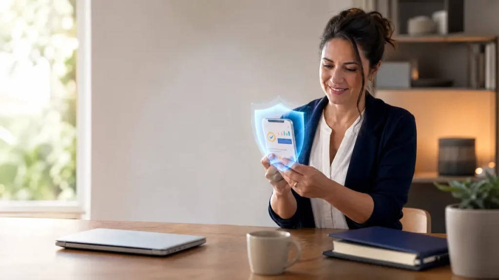 Mulher em escritório segurando um cartão holográfico com ícones de dados, enquanto usa um dispositivo digital e trabalha em um ambiente corporativo com notebook e documentos. empregador evita ação trabalhista com app hdl