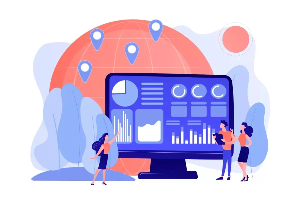 Ilustração digital mostrando uma tela de computador com gráficos e dados sobre FGTS digital para empregada doméstica, com pessoas analisando informações e um globo terrestre ao fundo.