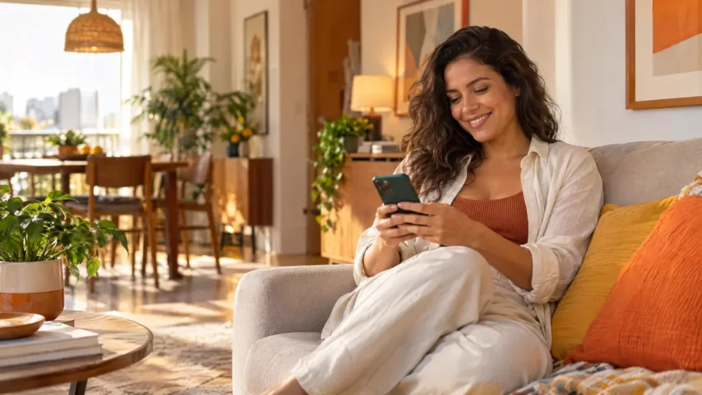 hora do lar é bom: Mulher sorridente relaxa em um sofá na sala aconchegante, usando o celular enquanto aproveita um momento em casa; luz natural e decoração com plantas e almofadas coloridas.