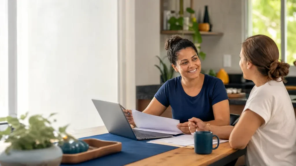 regularizar doméstica com o Hora do Lar: duas pessoas conversam em uma sala aconchegante enquanto revisam documentos em uma mesa com notebook e caneca.
