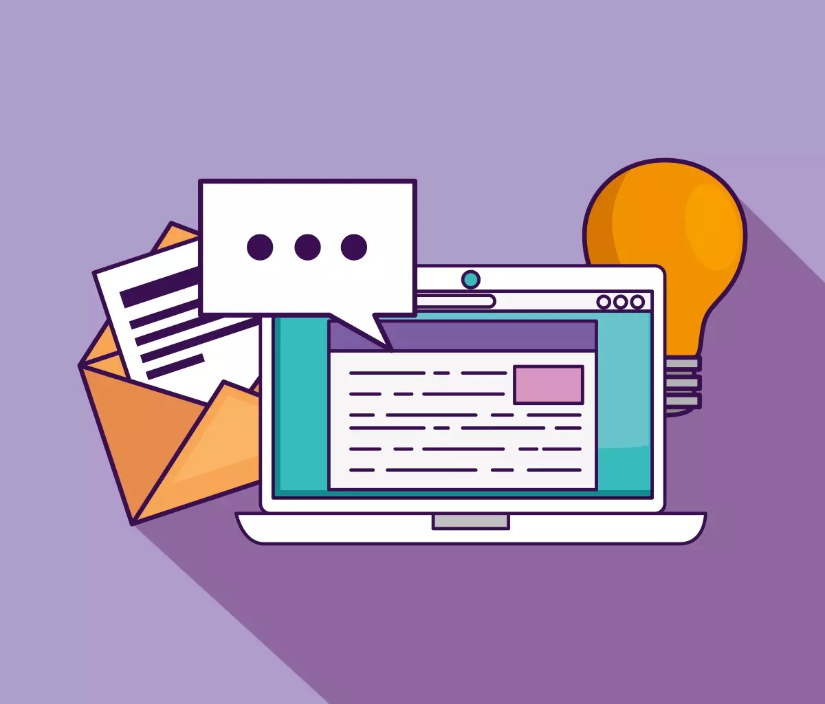 Imagem ilustrativa sobre cancelar o desligamento indevido no eSocial, com elementos de comunicação digital como laptop, mensagens, envelope e lâmpada.