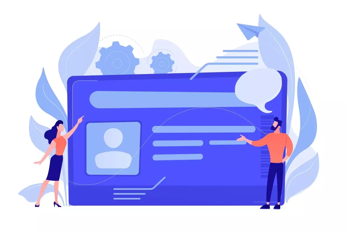 Ilustração sobre como cadastrar empregada doméstica no eSocial, com pessoas interagindo com uma interface digital de cadastro e documentos.