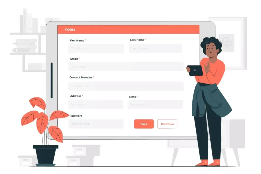 Ilustração de uma mulher utilizando celular ao lado de uma tela de cadastro, representando o processo de como cadastrar empregador no eSocial doméstico.