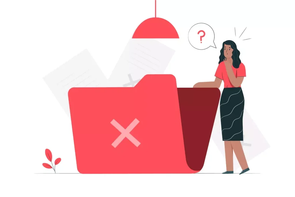 Mulher pensativa ao lado de uma pasta com símbolo de 'excluir' e uma caixa de perguntas, representando dúvidas sobre como excluir dados do empregador no eSocial doméstico.