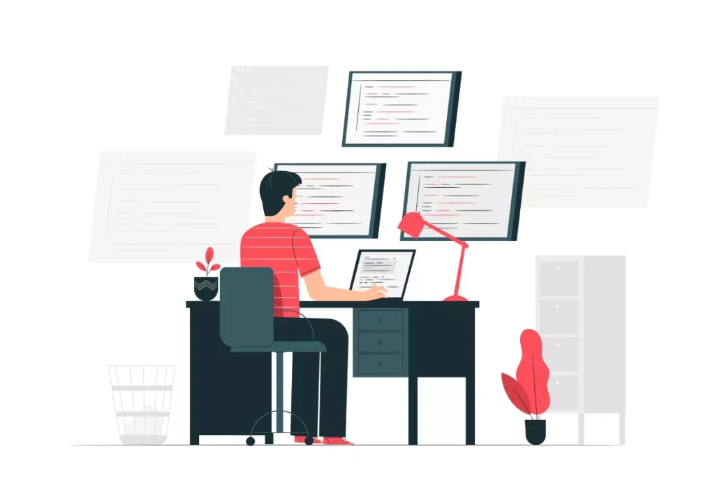 Pessoa sentada em frente a três telas de computador, ilustrando o conceito de como funciona o eSocial doméstico e sua gestão digital.