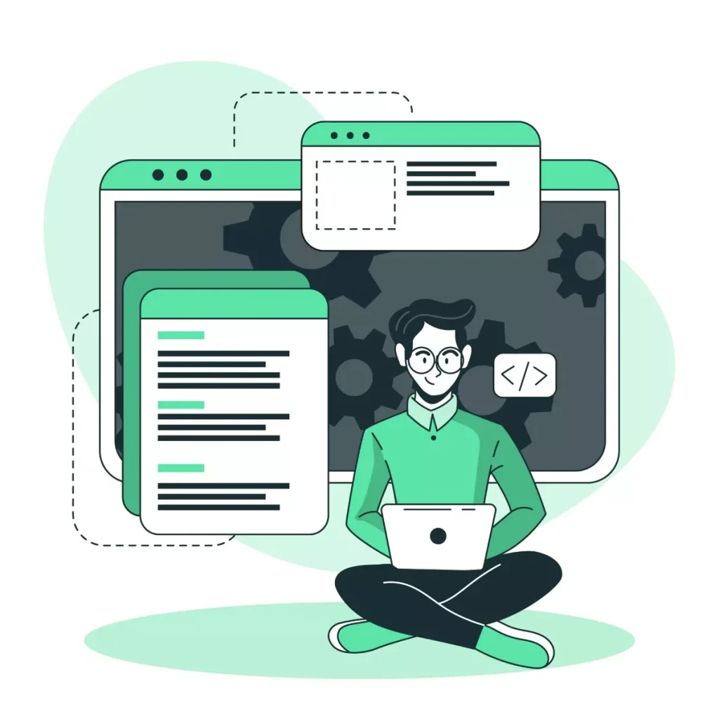 Ilustração explicativa sobre como funciona o eSocial doméstico, mostrando um profissional com computador e várias janelas de informações ao redor, destacando o processo digital de gestão de informações trabalhistas.