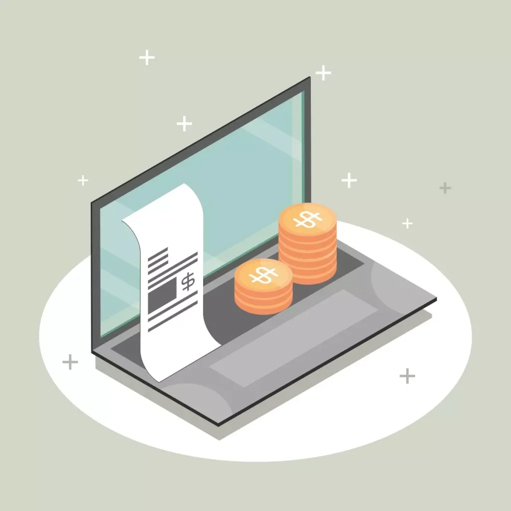 Imagem de um laptop com recibo e moedas representando o pagamento do 13º salário no eSocial doméstico, destacando a importância de informar corretamente essa remuneração.