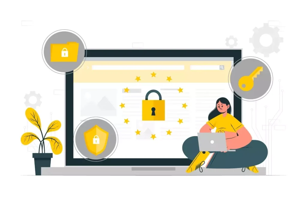 Imagem ilustrativa representando segurança digital e proteção de dados para empregadores domésticos, com elementos como cadeado, chave, e um computador.