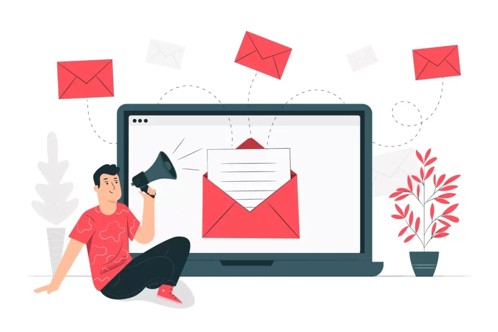 Ilustração de notificação da Receita Federal exibida em uma tela de computador com envelopes de mensagem, símbolo de comunicação digital, e uma pessoa apontando para a tela, representando aviso importante.