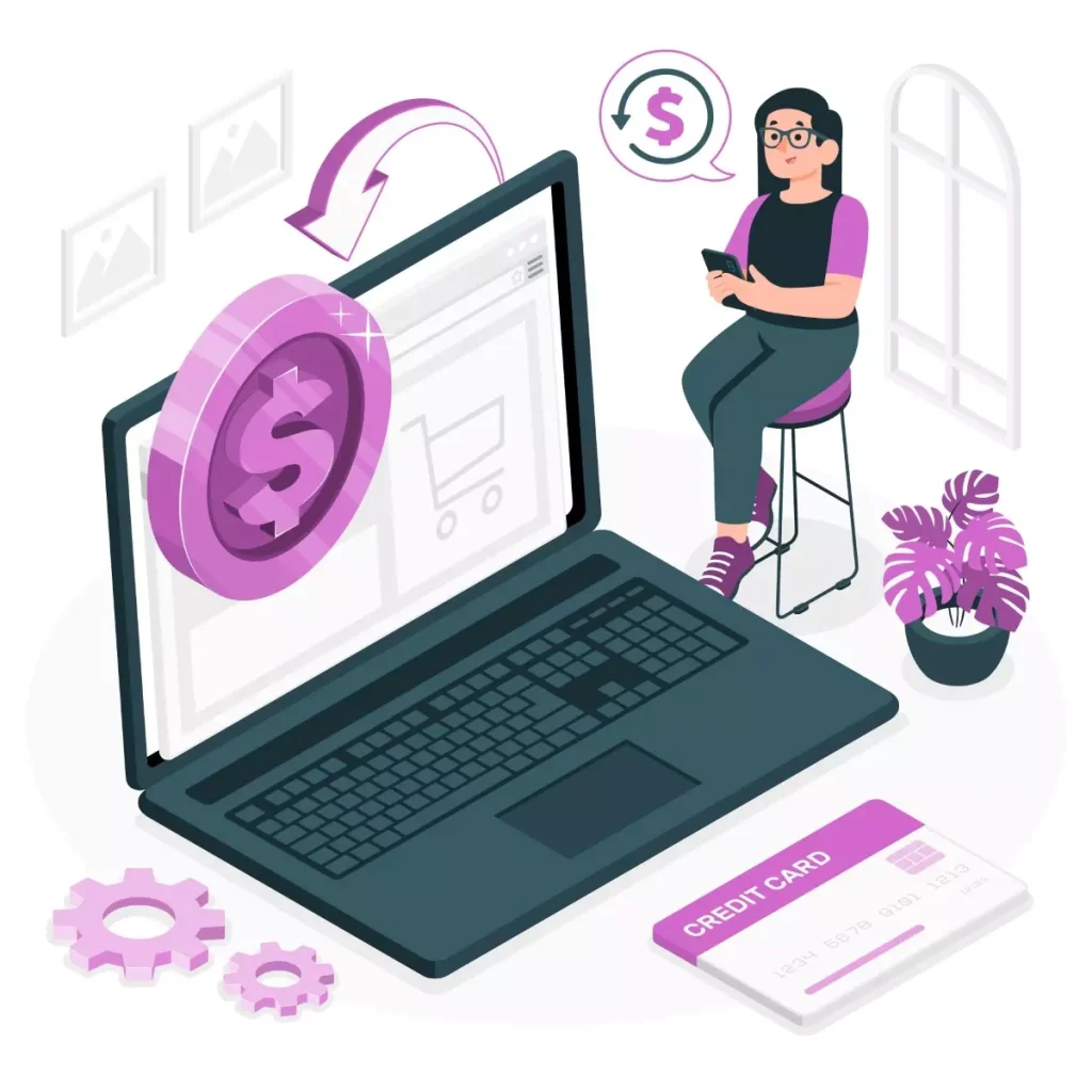 Ilustração mostrando um computador portátil exibindo pagamentos no eSocial doméstico, com uma mulher sentado ao lado usando celular, e símbolos de dinheiro ao redor.