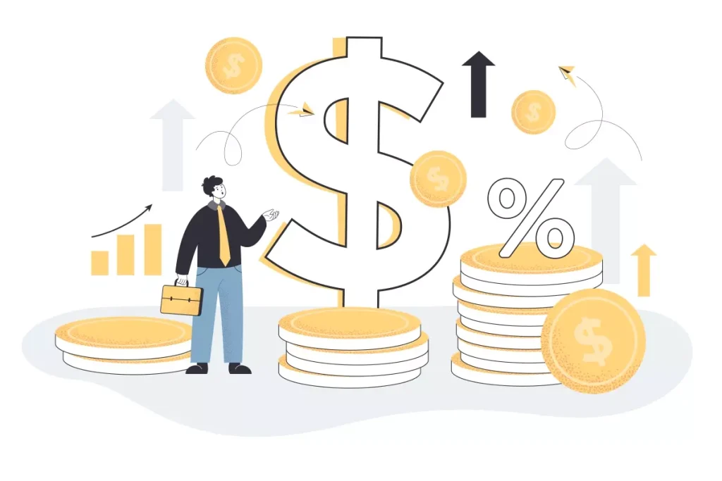 Imagem ilustrativa sobre o custo de registrar uma empregada doméstica, mostrando moedas, gráfico de crescimento e um trabalhador com pasta, representando despesas e economia.