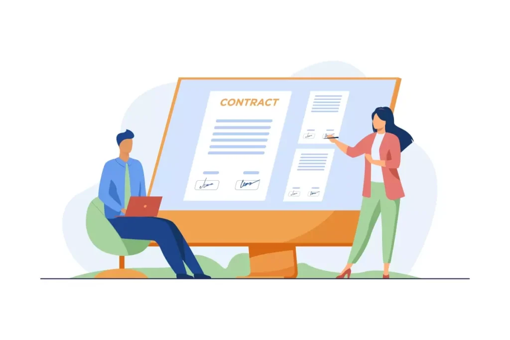 Ilustração de uma mulher assinando contrato de trabalho doméstico com um homem sentado em uma cadeira, representando o processo de como gerar contrato de trabalho doméstico no Hora do Lar.