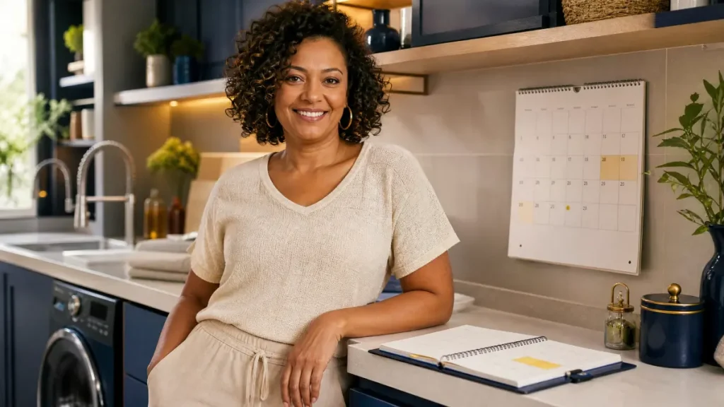 Mulher sorridente com cabelo cacheado trabalhando em uma mesa de escritório, ao lado de um calendário na parede e material de planejamento, em ambiente moderno e bem iluminado representando empregada doméstica pode trabalhar aos sábados.