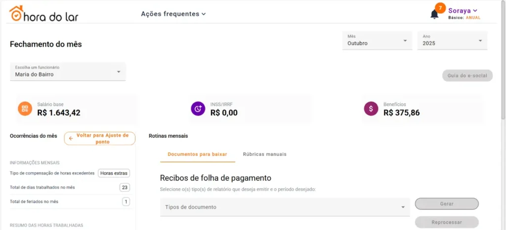 Tela da plataforma Hora do Lar mostrando folha de pagamento e detalhes de benefícios, voltada para gestão financeira e de recursos humanos.