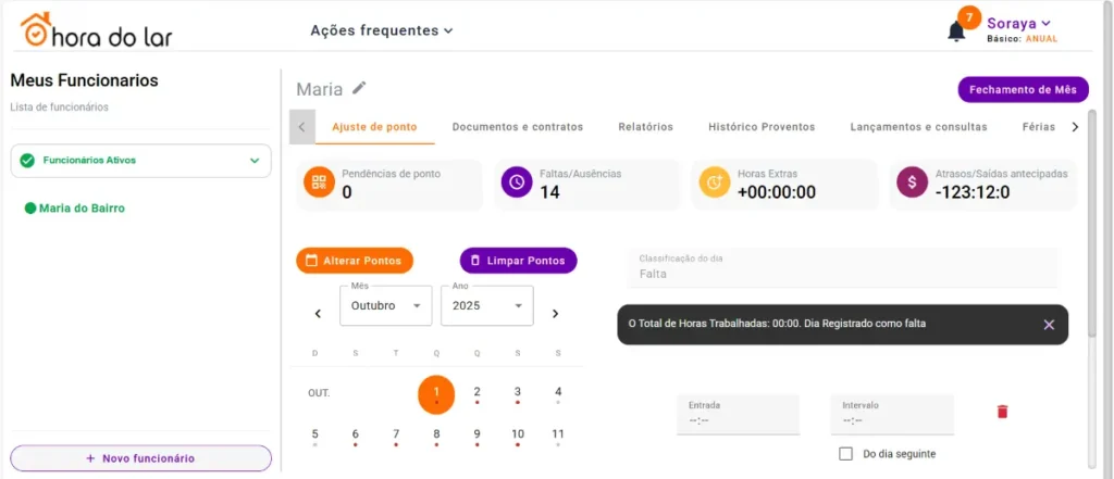 Tela do sistema plataforma Hora do Lar exibindo controle de horas trabalhadas e gerenciamento de funcionários.