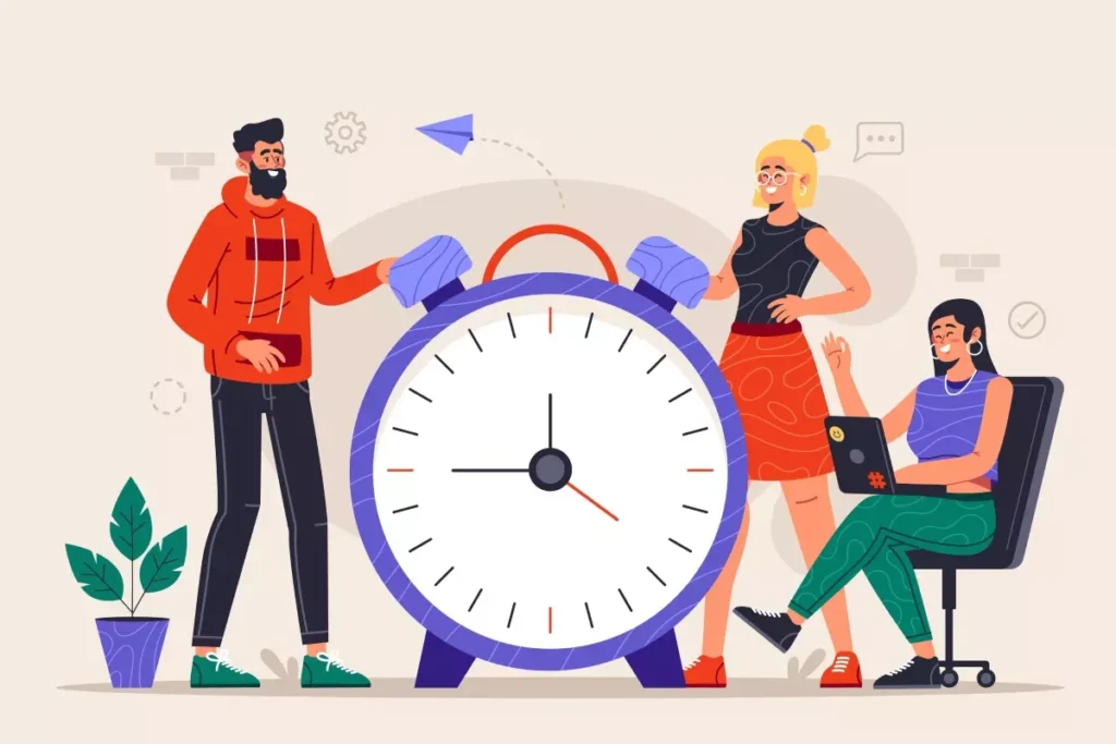 Ilustração mostrando uma conversa sobre as horas de trabalho de uma empregada doméstica, com um relógio grande e pessoas discutindo esse tema.