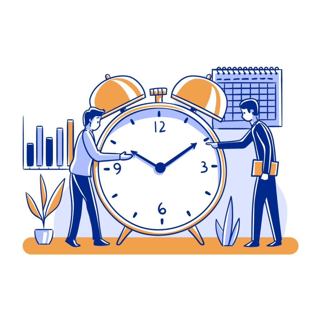 Ilustração moderna que aborda a questão de quantas horas por dia a empregada doméstica deve trabalhar, mostrando um relógio grande e duas pessoas interagindo, símbolo de controle de horários.