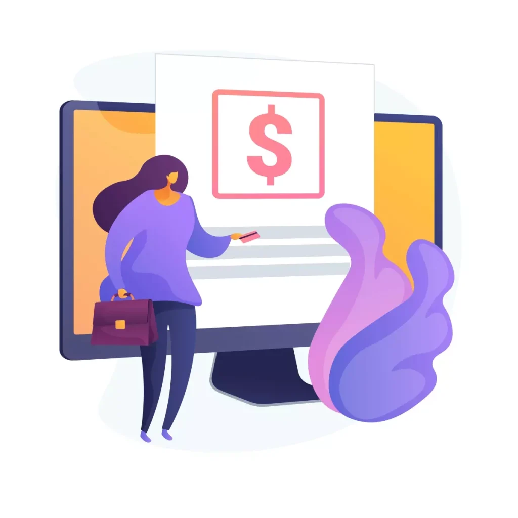 Ilustração representando o pagamento de débitos de contribuições previdenciárias no emprego doméstico, com uma mulher apontando para uma tela de computador exibia um símbolo de dinheiro.
