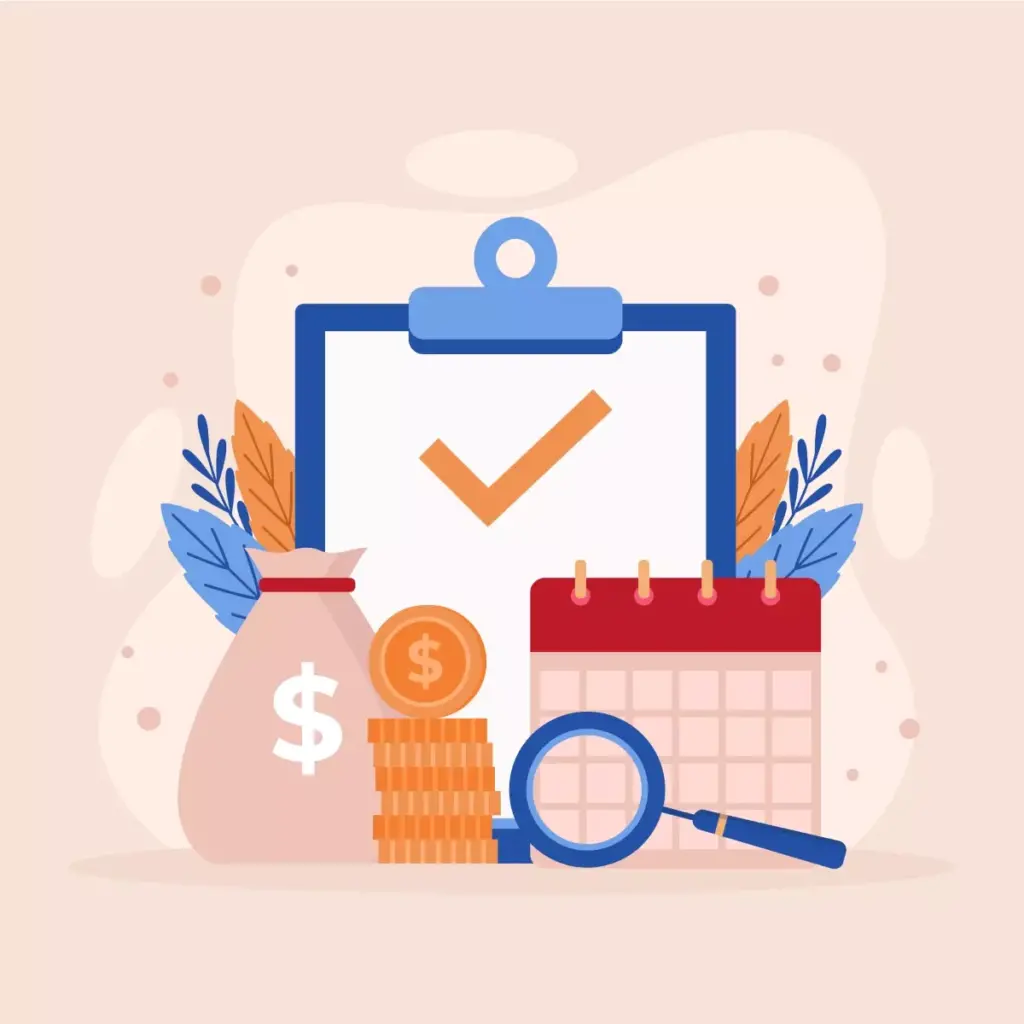 Ilustração representando o 13° salário de empregada doméstica, com ícones de calendário, moedas, lupa e itens de trabalho, simbolizando pagamento e benefícios.