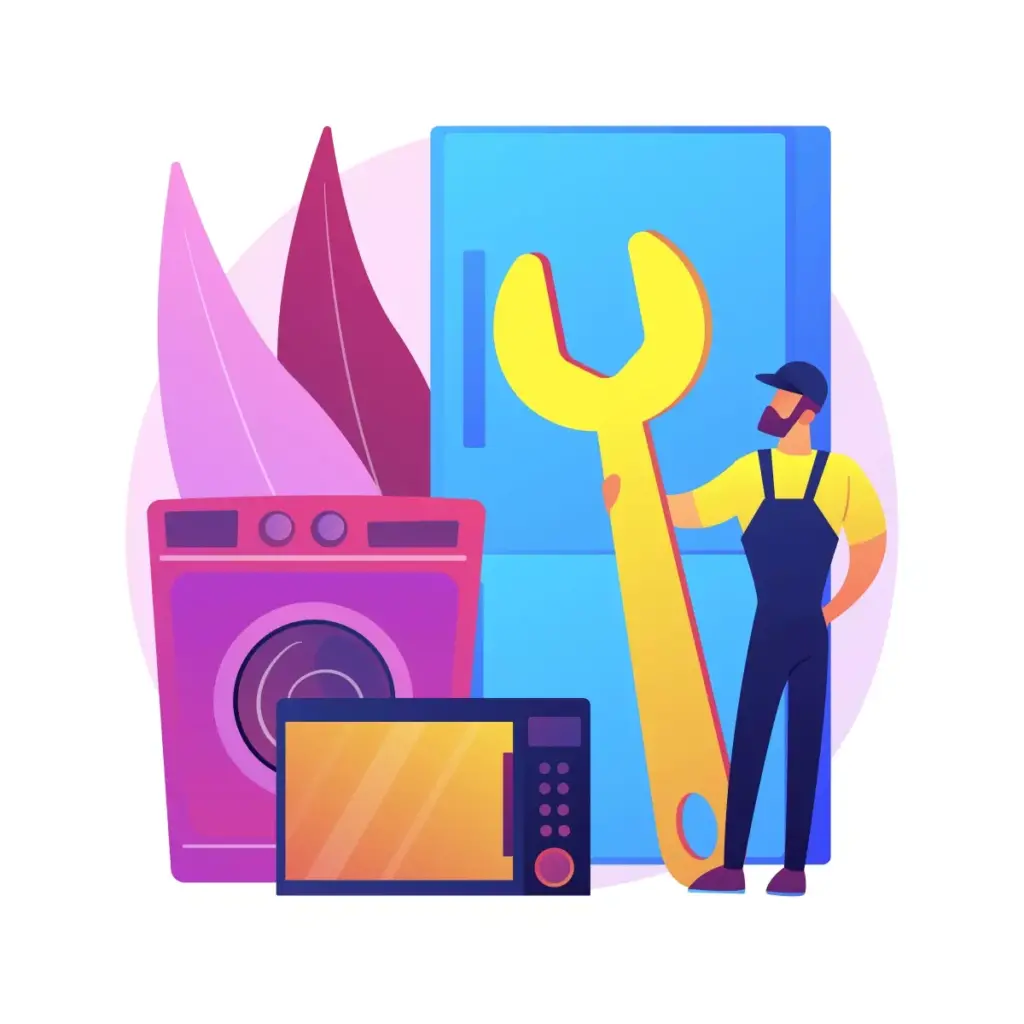 Ilustração de uma pessoa com uniforme segurando uma grande chave de fenda ao lado de uma máquina de lavar, representando serviço de manutenção para caseiro ou empregado doméstico.