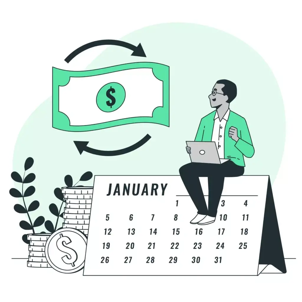 Ilustração de uma mulher sentada ao lado de uma mesa, com calendário de janeiro de 2024 e símbolo de dinheiro, representando o salário doméstica 2024.
