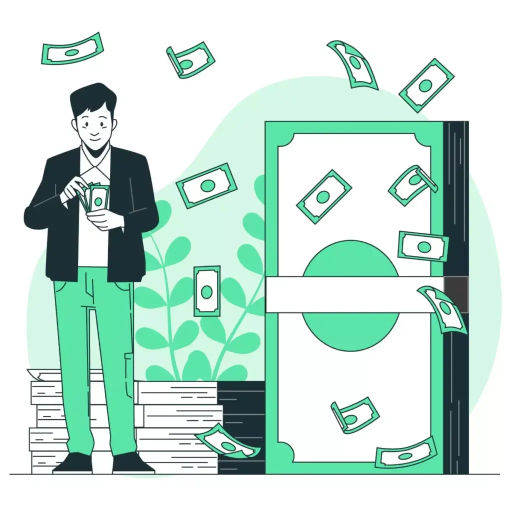 Imagem ilustrativa destacando o tema salário empregada doméstica 2024, com um personagem segurando dinheiro e símbolos de notas ao redor, simbolizando pagamento e renda.