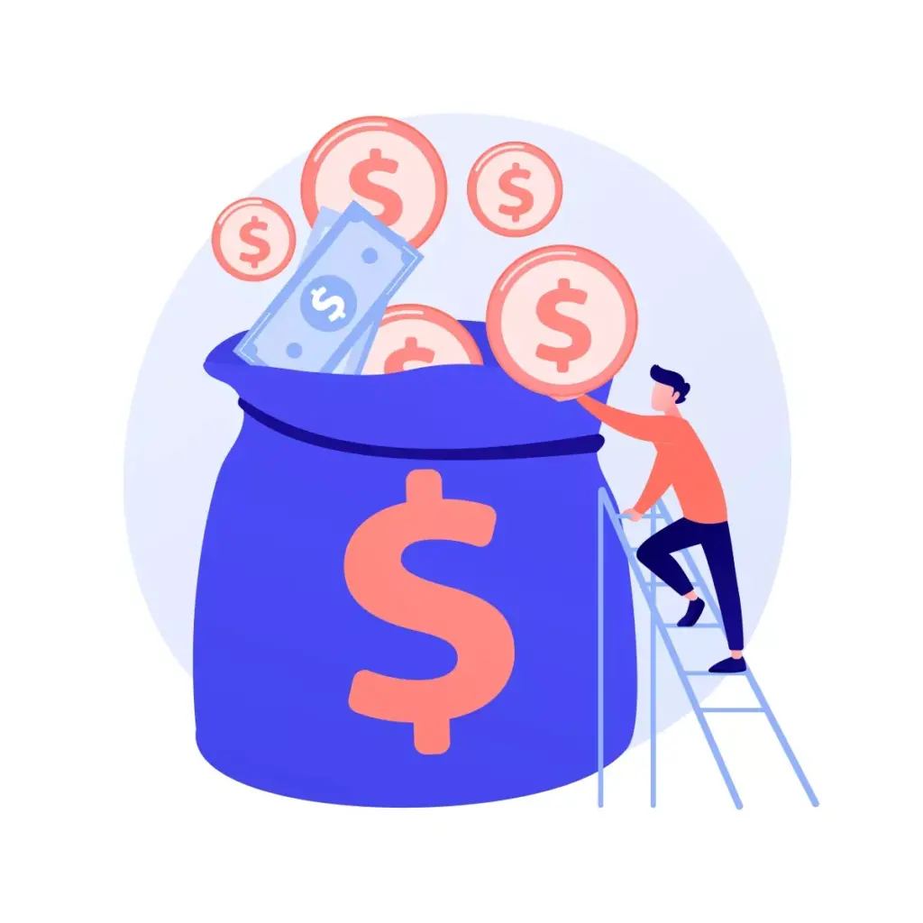 Ilustração de uma bolsa grande com símbolo de dinheiro, representando o seguro-desemprego doméstica, mostrando uma pessoa colocando mais dinheiro na bolsa.