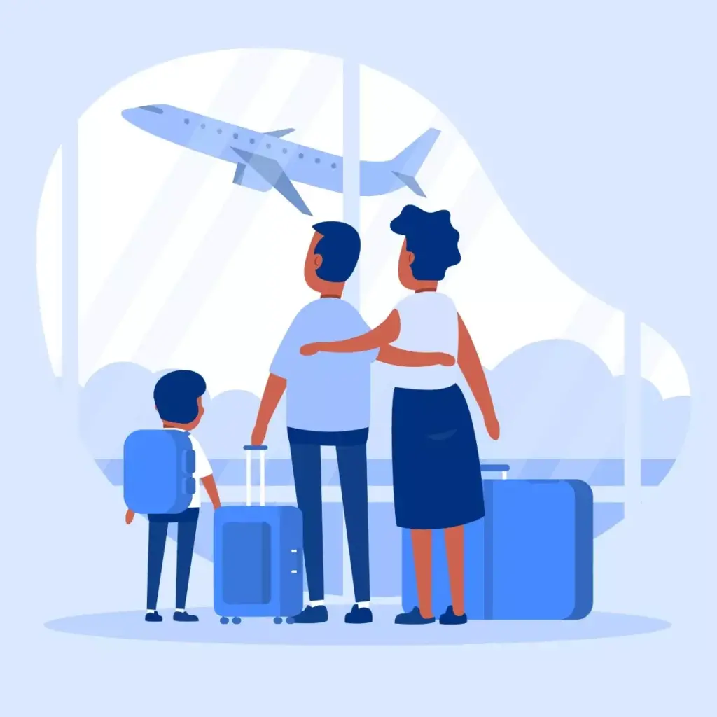 Família com bebê embarcando em viagem, com a babá acompanhando, na chegada ao aeroporto para uma viagem em família.