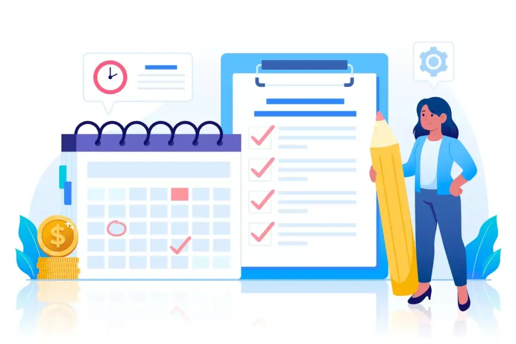 Ilustração representando o processo de cobrir férias da empregada doméstica, com calendário, documentos e uma mulher segurando uma caneta, simbolizando planejamento e organização para essa tarefa.