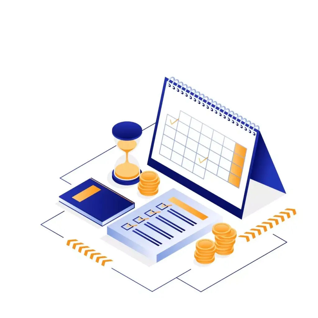 Imagem representando planejamento financeiro para cobrir férias da empregada doméstica, com calendário, moedas, bloco de anotações e calculadora.
