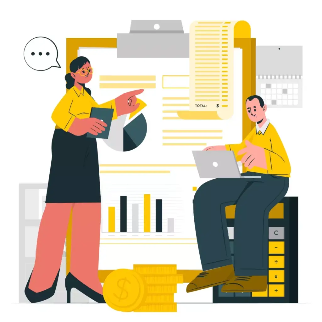 Ilustração explicativa sobre como pagar INSS doméstica autônoma em 2024, com duas pessoas usando computador e tablet, destacando o procedimento e dicas.