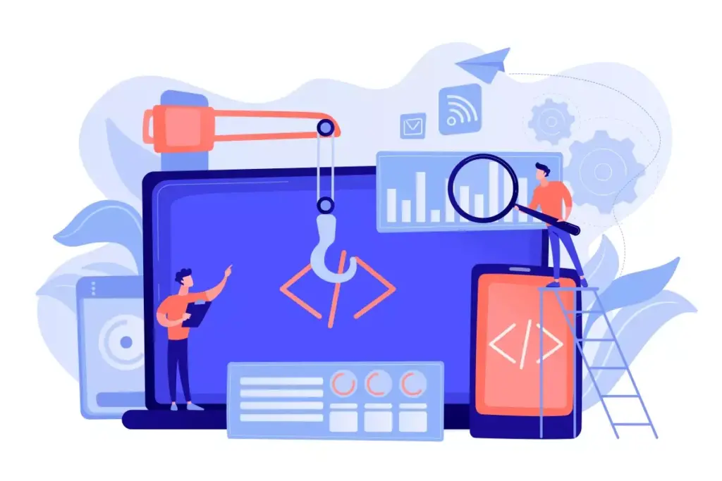 Ilustração de tecnologia com computador, smartphone, lupa e gráficos, representando a importância do cumprimento do DET obrigatório para empregadores domésticos.