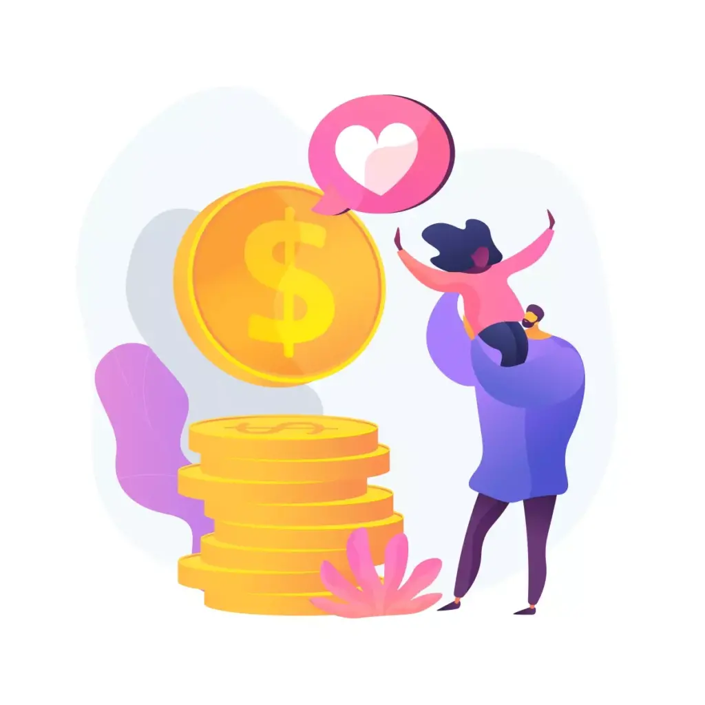 Ilustração de empregada doméstica recebendo salário-família com moedas douradas e coração de família, destacando direitos trabalhistas.