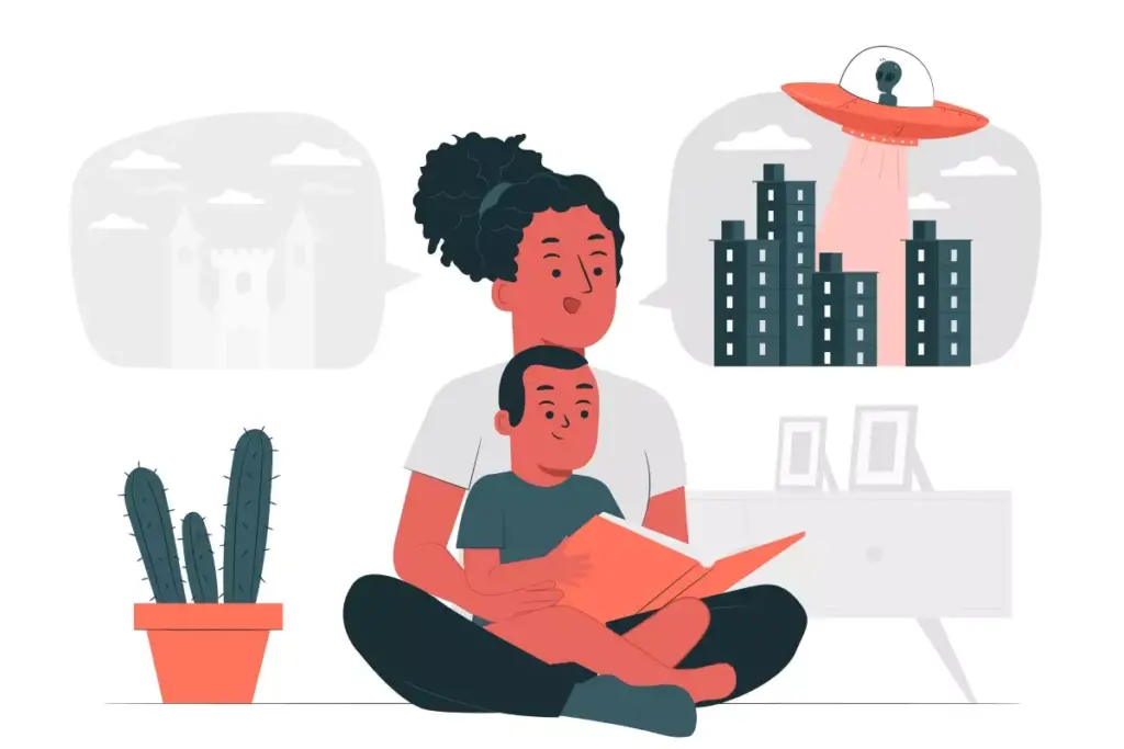 Imagem de uma babá lendo um livro para uma criança em um ambiente doméstico com decoração moderna, destacando a discussão sobre se o empregador pode obrigar a babá a usar uniforme.