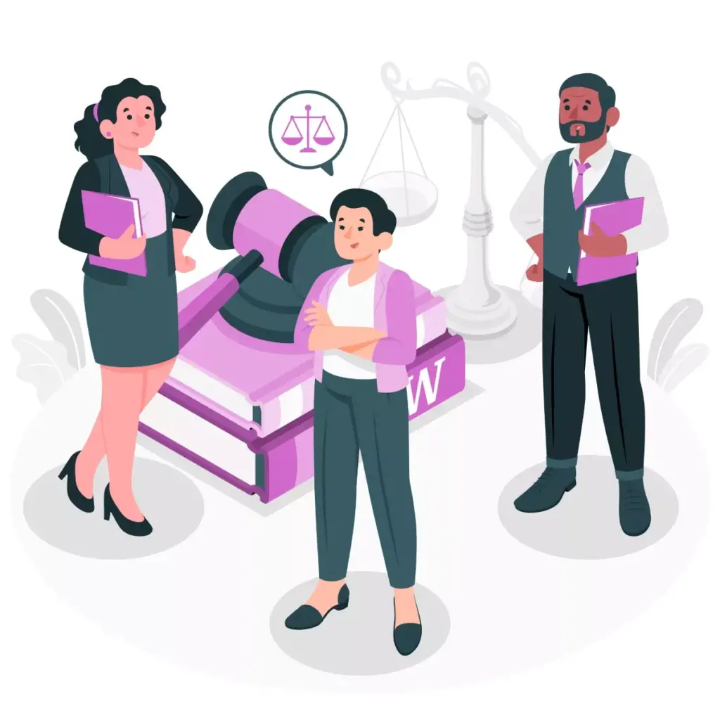 Ilustração representando a lei da empregada doméstica com personagens femininas e masculinas, balança da justiça e livros jurídicos.