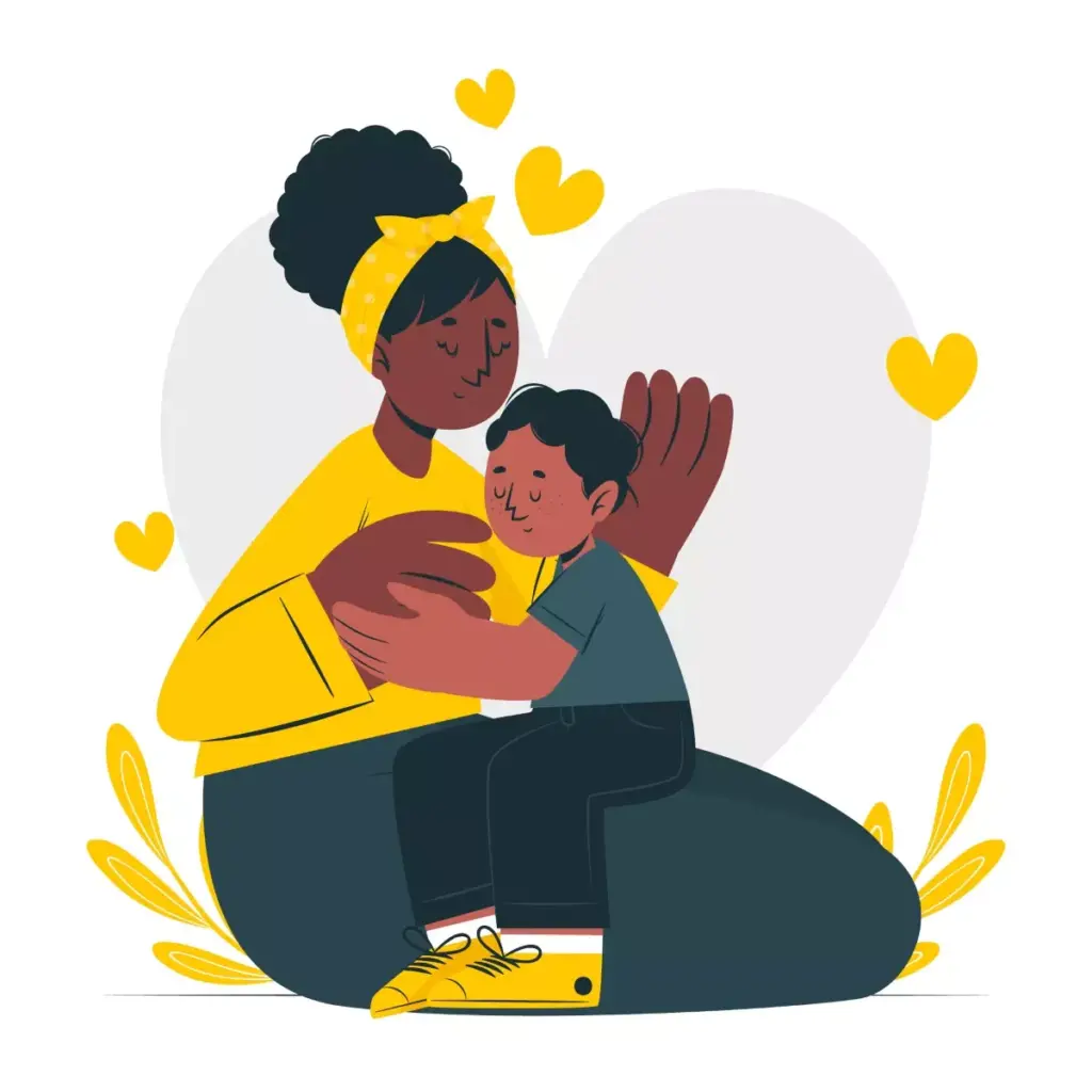 Imagem de uma mãe carinhosa abraçando seu filho, com corações ao redor, em um momento de afeto para quem busca saber se pode contratar babá para as férias escolares.