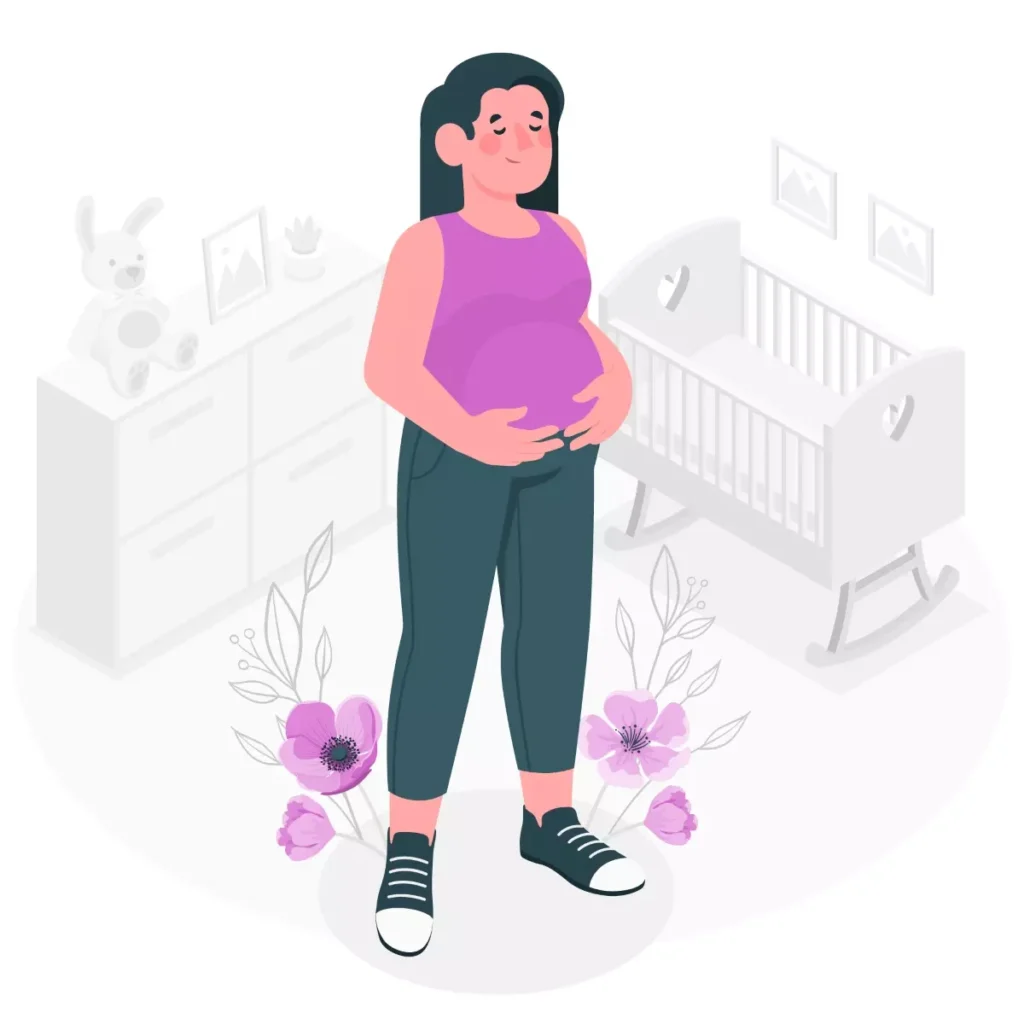 Ilustração de uma mulher gestante em quarto de bebê, com foco na dúvida sobre quem paga o afastamento da empregada doméstica gestante.
