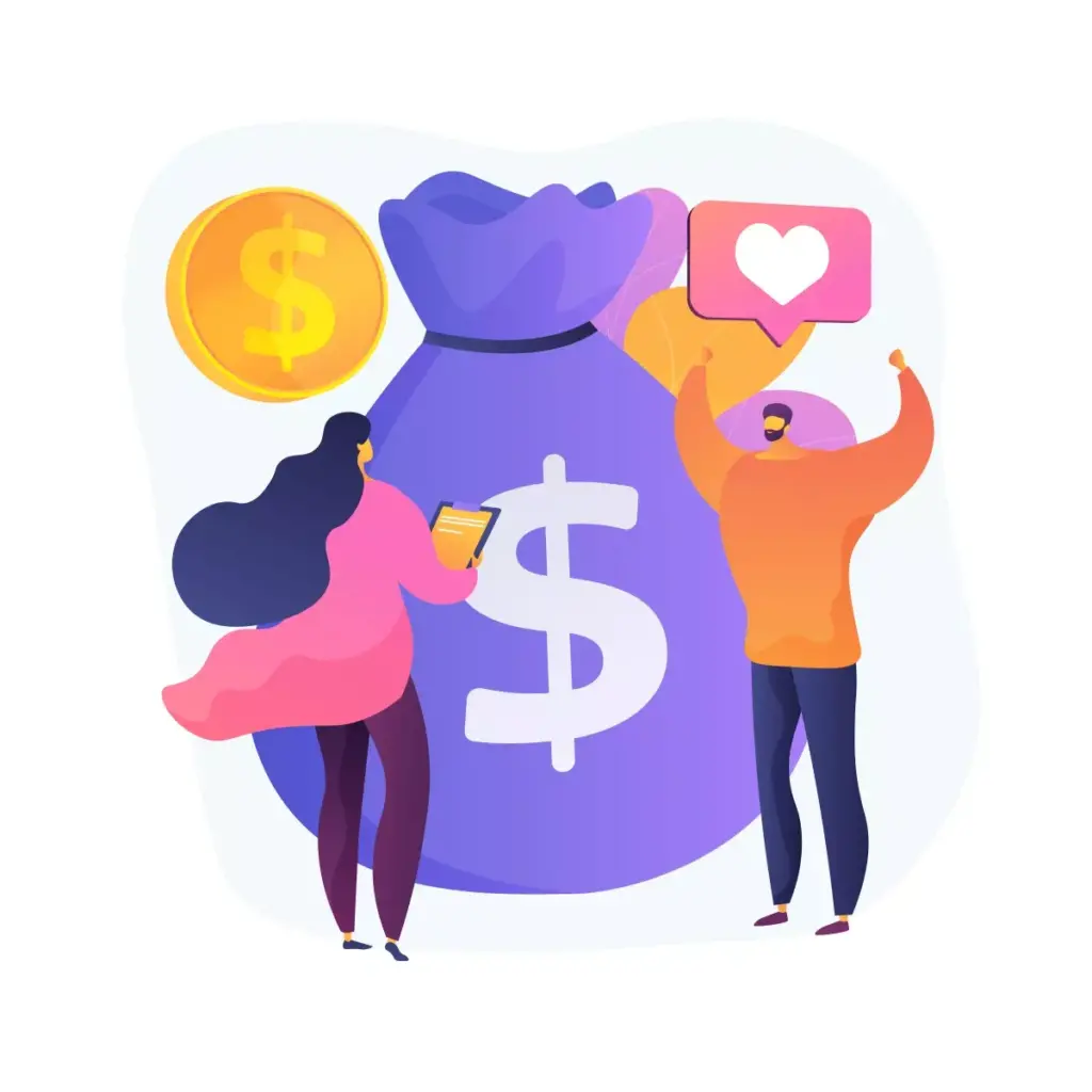 Ilustração representando o salário mínimo doméstica 2024, destaque para moedas, dinheiro, e pessoas conectadas com smartphone, simbolizando finanças e economia.