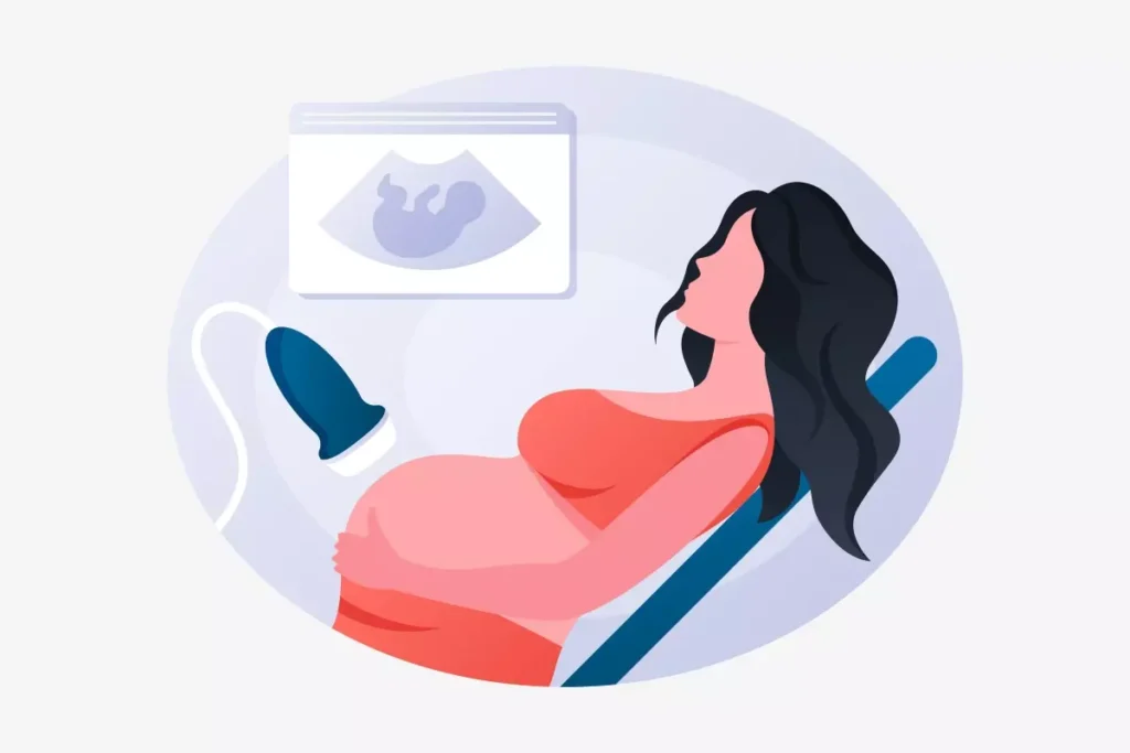 Ilustração representando o afastamento da empregada gestante, mostrando uma mulher grávida deitada no exame de ultrassom, evidenciando cuidados durante a gestação.