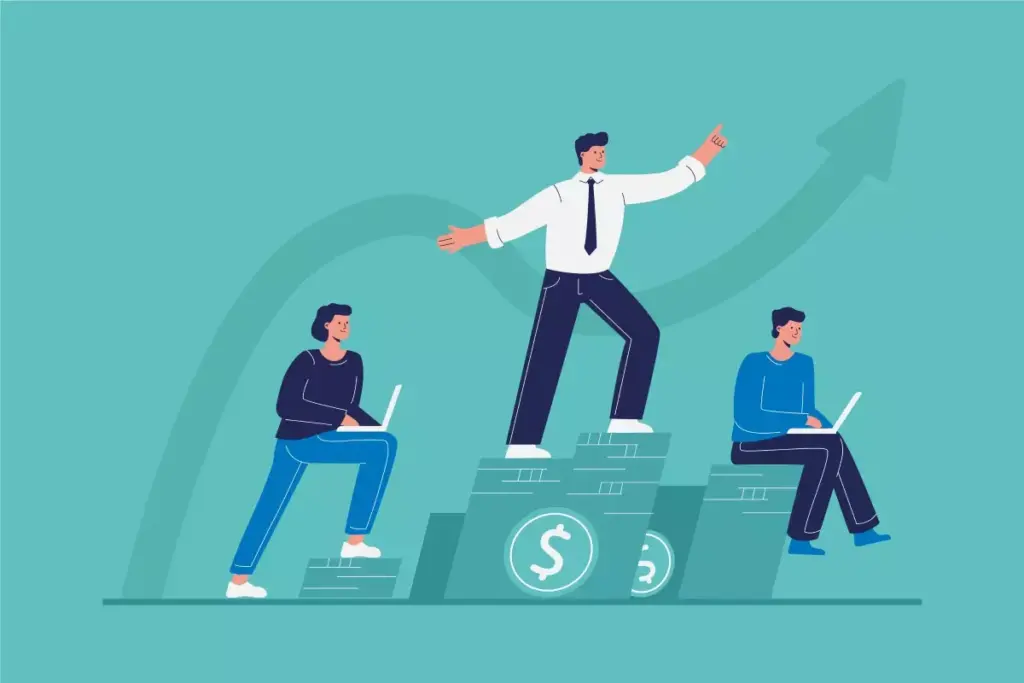 Ilustração representando o dissídio da empregada doméstica, com três homens usando laptops em diferentes posições, simbolizando negociações e crescimento salarial.