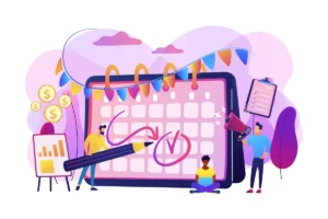 Ilustração sobre cálculo de feriado trabalhado da empregada doméstica, com calendário, caneta, gráfico e pessoas marcando horários.